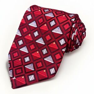 XMI Classic Silk Tie Red Geometric Jacquard‎ Woven Made In Italy 61 x 4